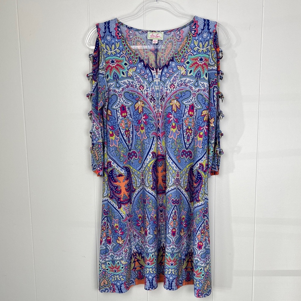 IVY LANE ABSTRACT DRESS RING SLEEVES WOMENS V NECK SZ PS